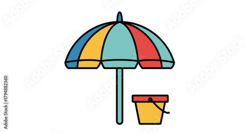 A colorful beach umbrella and bucket are depicted in a simple, cartoon-like illustration against a white background.