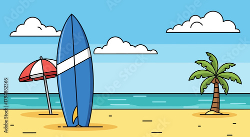 Cartoon illustration of a surfboard on a sandy beach with a palm tree, umbrella, ocean, and clouds.