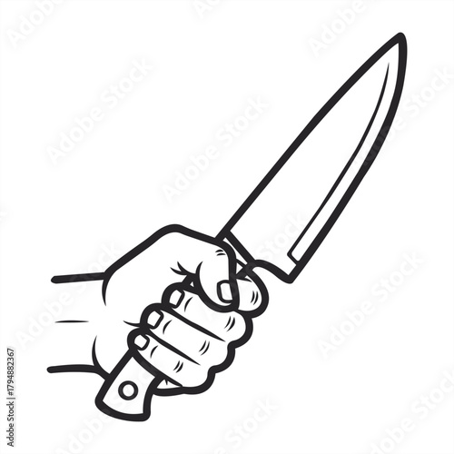 Monochrome Kitchen Cutlery Hand Holding Sharp Knife Illustration Culinary Art Food Preparation Tools Weaponry Graphic