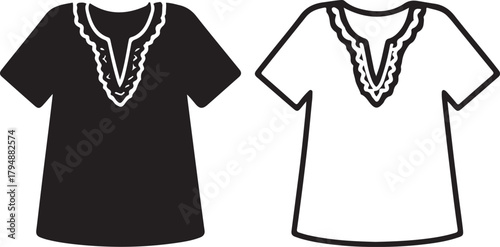 Minimalist graphic illustration of a stylized v-neck tunic or shirt, featured as a solid black silhouette and a crisp outline vector icons. isolated on white background, Vector, illustration