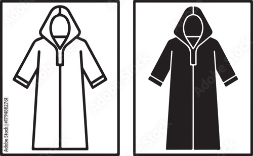 Hooded robe or cloak icon, showcasing both outline and solid fill variations, ideal for religious, fantasy, or protective wear concepts. isolated on white background, Vector, illustration