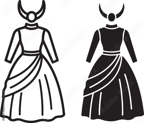 Goddess in flowing gown with horned headpiece vector icon. mythological female figure in ancient attire outline and solid glyph. isolated on white background, Vector, illustration
