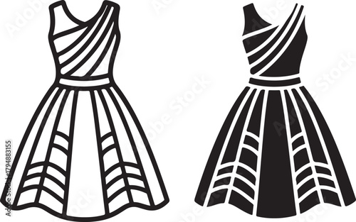 Elegant sleeveless dress outline and solid black silhouette, featuring a fitted bodice and full decorative skirt, vector illustration. isolated on white background, Vector, illustration