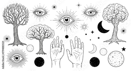 A collection of mystical esoteric symbols featuring all-seeing eyes, magic trees, and celestial elements.