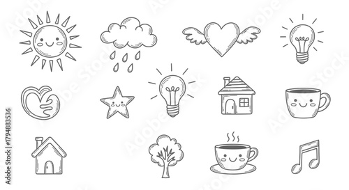 A charming collection of cute hand-drawn doodle icons, featuring sun, cloud, heart, lightbulbs, houses, coffee cups, a tree, and a music note.
