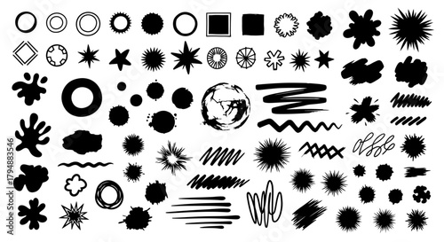 Collection of various black shapes, including circles, squares, stars, splatters, and other abstract forms.