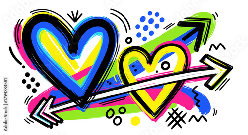 Whimsical illustration of two hearts pierced by an arrow, adorned with vibrant colors and playful abstract shapes.