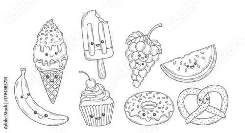 A collection of cute, kawaii-style line drawings of various sweet treats and fruits, perfect for coloring.