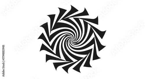 A black and white optical illusion featuring a swirling spiral pattern with radiating blade-like shapes creating a dynamic visual effect.