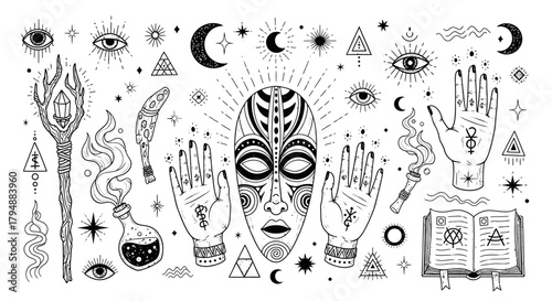 Intricate black and white illustration of mystical symbols, hands, and a mask.