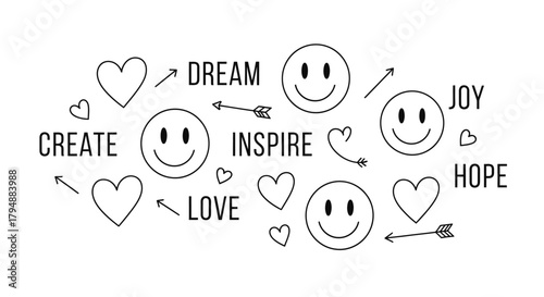 A collection of hand-drawn motivational doodles featuring smiley faces, hearts, arrows, and inspirational words like dream, create, and inspire.
