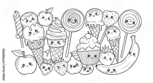 A black and white cartoon illustration of various cute desserts and fruits with smiling faces.