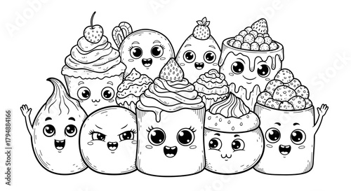 A whimsical group of cute kawaii food characters, including cupcakes and desserts, presented as a black and white coloring page.
