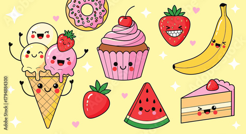A delightful assortment of kawaii-style desserts and fruits, arranged on a light yellow background.