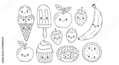 A collection of cute, hand-drawn, black and white illustrations of various sweet treats and fruits, each with a happy face.