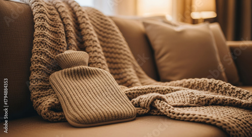 Cozy sofa with knitted blanket and hot water bottle for warmth  