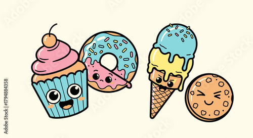 Cute cartoon desserts with faces including a cupcake, donut, ice cream cone, and cookie on a light background.