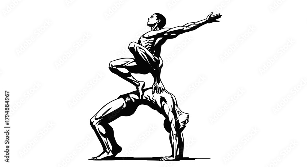 Fototapeta premium Dynamic Acrobatic Duo Performing Impressive Human Pyramid Stunt.
