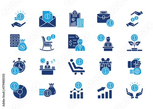 Income thin solid icon set. Containing paycheck, accounting, work, payment, tax, pension, wages, self employment, investment, hourly rate. Vector illustration