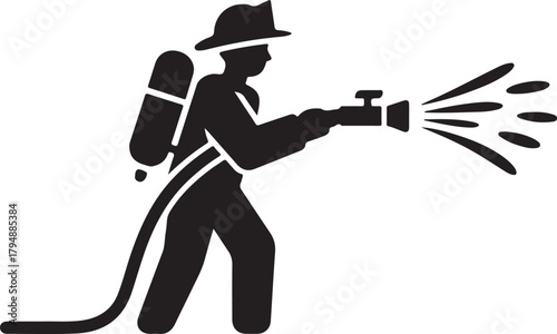 Silhouette icon of a firefighter spraying a hose