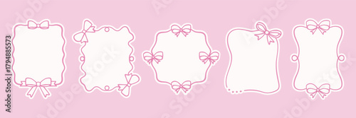 Pink ribbon and bow frames in vintage doodle style. Vector illustration with soft lines and girly coquette aesthetic. Cute decorative border collection. Vector illustration for cards,birthday invites