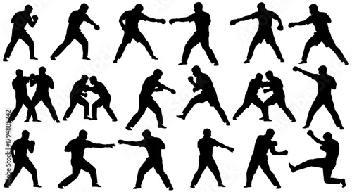 Dynamic Silhouettes of Boxers and Martial Artists in Various Action Poses.