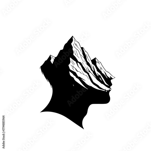 Abstract black and white double exposure illustration of a human profile merged with a rugged mountain range, symbolizing a deep connection with nature