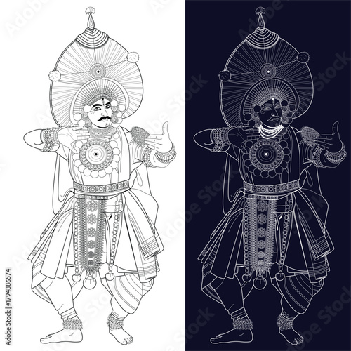 Yakshagana Dance Performer in Traditional Costume, Yakshagana is a Indian traditional stage performance, found in Karnataka, Hand drawn line style vector illustrations