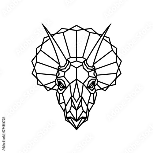 Geometric triceratops head illustration in black, minimalist polygonal style