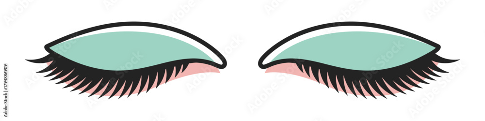 Fototapeta premium Stylized illustration of closed eyes with vibrant teal eyeshadow and long black lashes