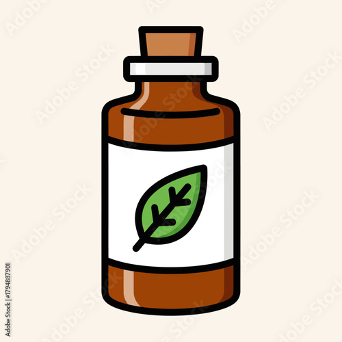 A brown glass apothecary bottle with a cork stopper and a white label featuring a green leaf icon.