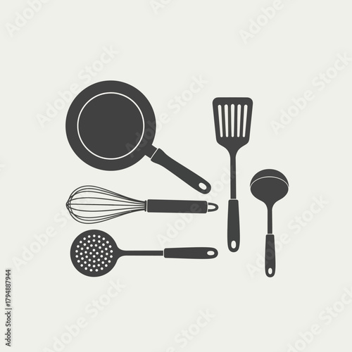 A collection of dark grey kitchen utensil silhouettes, including a pan, spatula, whisk, ladle, and skimmer.