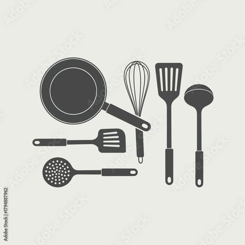 A collection of dark grey kitchen utensil silhouettes including a pan, spatula, and whisk.
