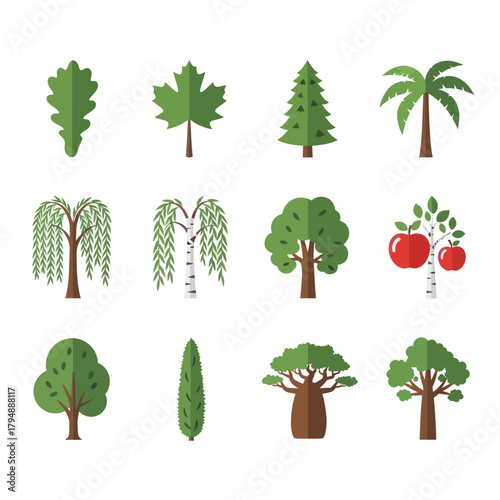 A diverse collection of stylized flat design tree and leaf icons, including oak, maple, pine, and palm.