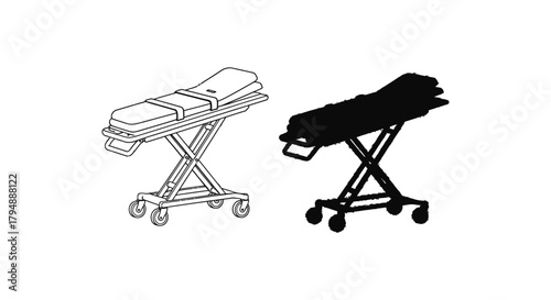 Three medical stretchers in color outline and silhouette illustration