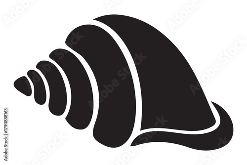 Stylized black silhouette of a spiral seashell with distinct ridges on a white background