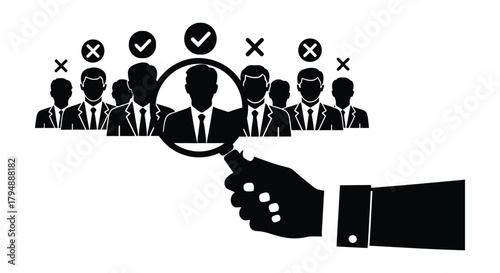 Hand holding magnifying glass over selected candidate from group of men