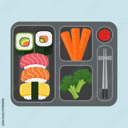 A Japanese bento box lunch with assorted sushi, fresh vegetables, and chopsticks, top view illustration.
