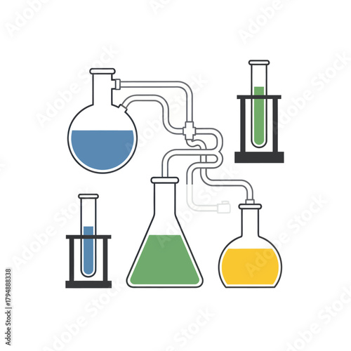 A scientific laboratory setup with interconnected flasks and test tubes containing colorful chemical liquids.