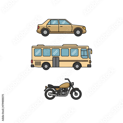 A set of three beige land transport vehicles: a car, a bus, and a motorcycle.