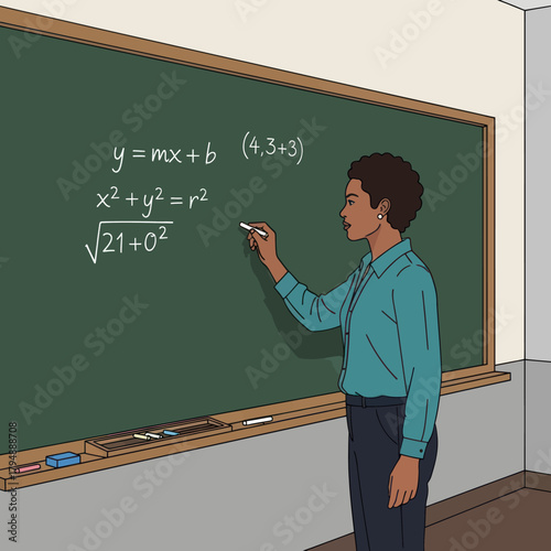 An African American female teacher writing mathematical equations on a green chalkboard in a classroom.