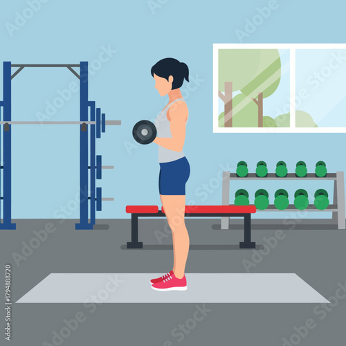 Athletic woman in sportswear performing a dumbbell bicep curl exercise inside a modern gym.