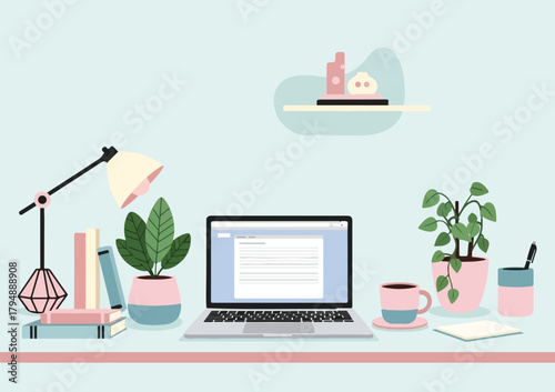 Cartoon illustration of a cozy minimalist home office desk, soft pastel colors in a clean modern style