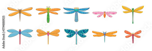 Cute dragonfly insect illustration, vector, simple, flat design for children's posters, books, backgrounds and children's room decoration. Insect isolated on a white background. Vector illustration.