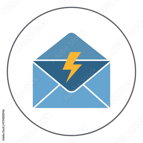 Free Download Circular flat design icon of a blue envelope with a yellow lightning bolt symbol. - GFXLoad