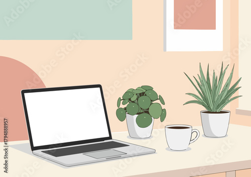 Cartoon illustration of a cozy minimalist home office desk, soft pastel colors in a clean modern style