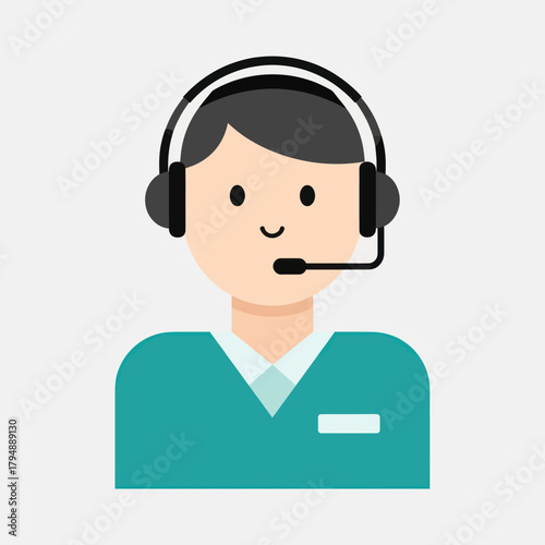 Flat design vector icon of a male call center agent wearing a headset with a microphone.