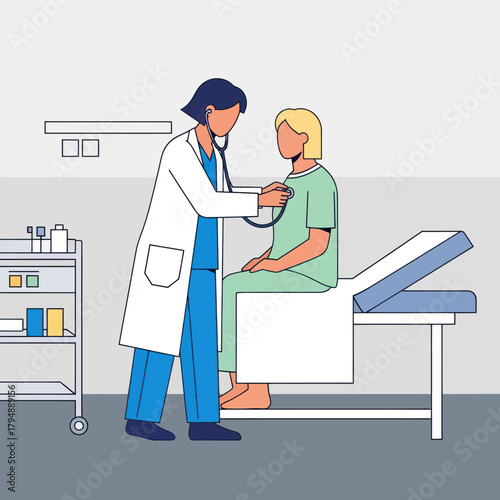 Female doctor with a stethoscope examining a patient during a medical check-up in a clinic.