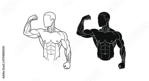 Illustration of flexing muscular man in color line art and silhouette