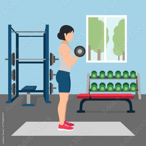 Illustration of a fit woman doing a bicep curl with a dumbbell in a gym.